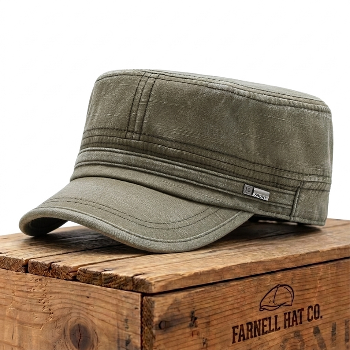 Premium Washed Army Cap on Farnell Hat Co. crate