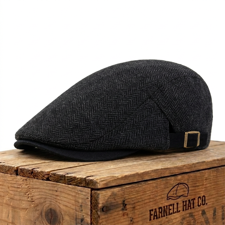 Herringbone Wool Driver Cap on Farnell Hat Co. crate