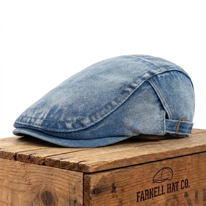 Stonewash Denim Cap on Farnell Hat Co. crate