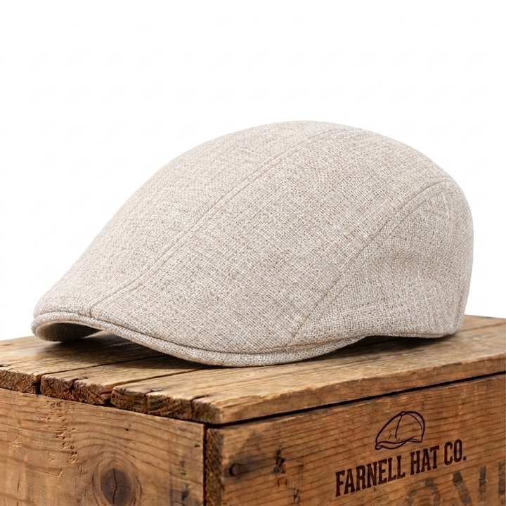 Linen Weave Flat Cap on Farnell Hat Co. crate