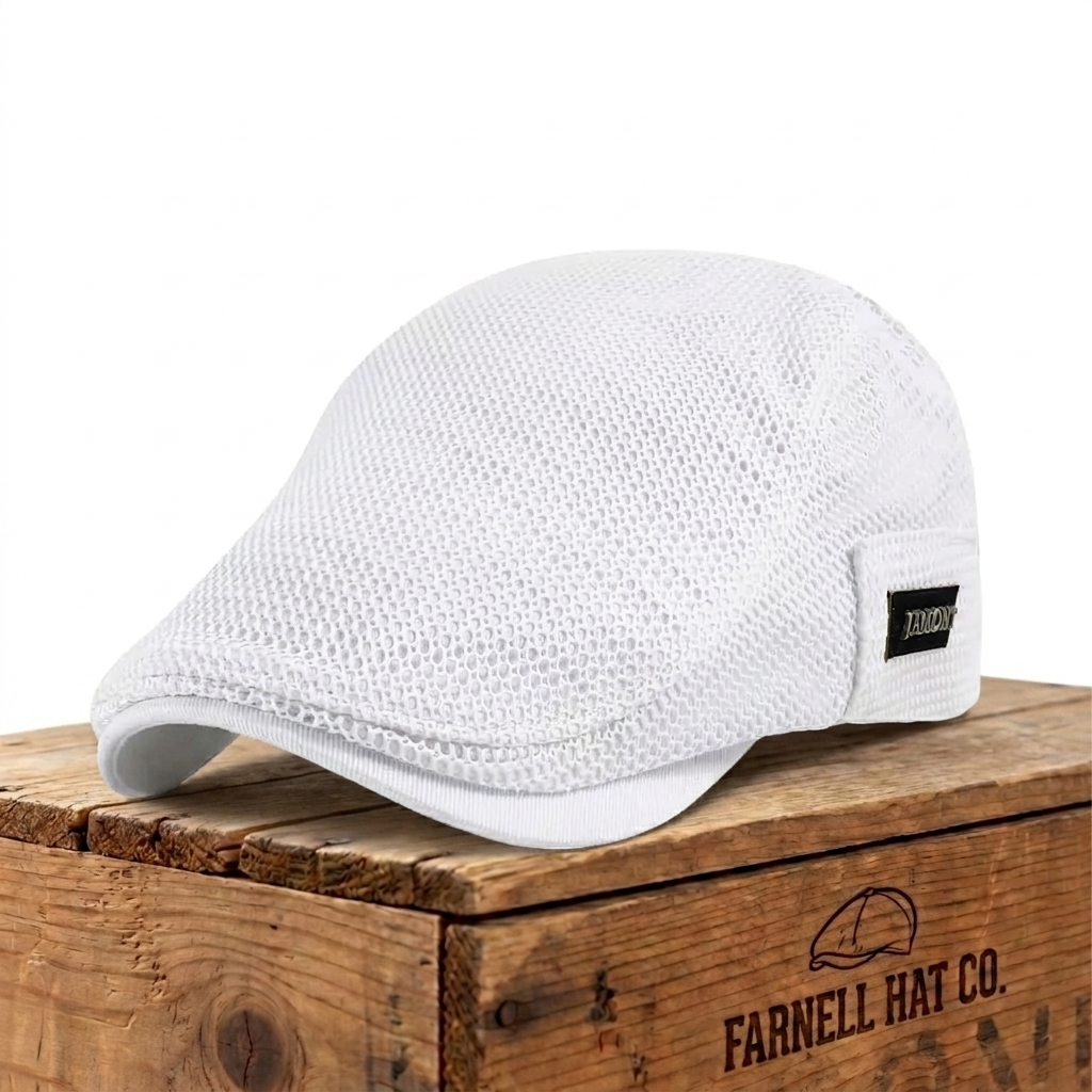 Breathable Golf Mesh Flat Cap on Farnell Hat Co. crate