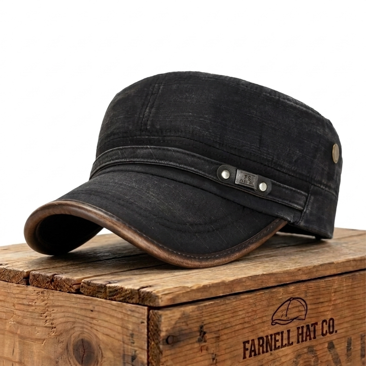 Distressed Cotton Army Cap on Farnell Hat Co. crate