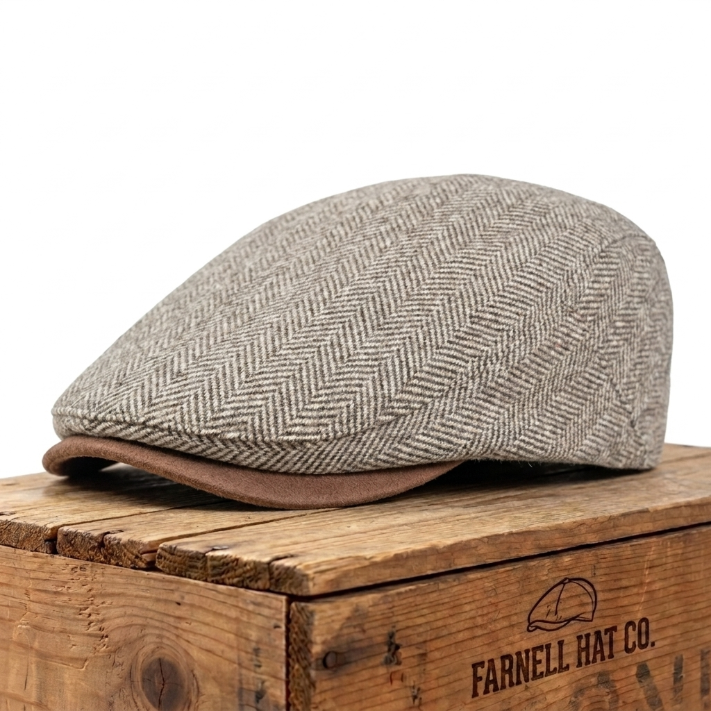 Herringbone Woven Flat Cap on Farnell Hat Co. crate
