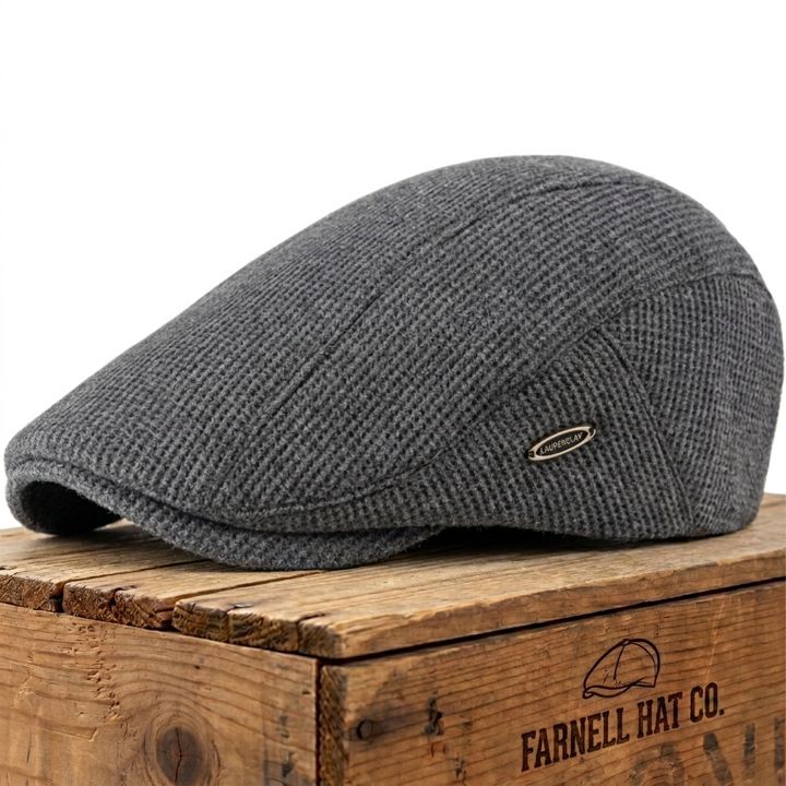 Textured Wool Flat Cap on Farnell Hat Co. crate