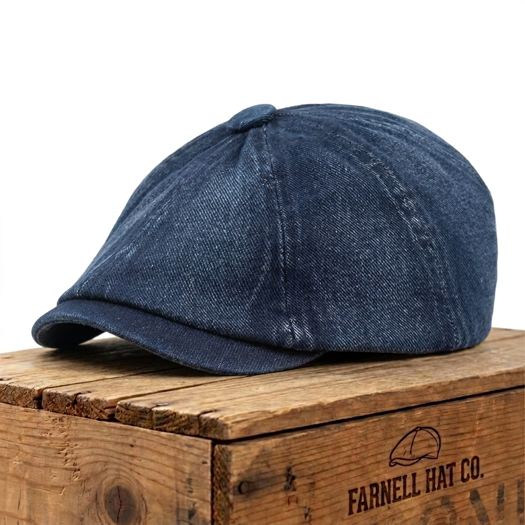Denim Newsboy Cap on Farnell Hat Co. crate