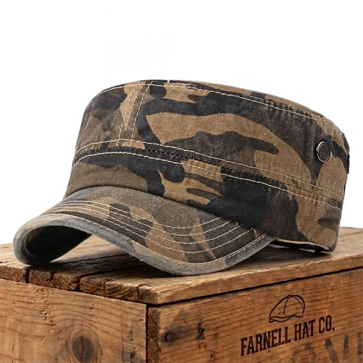Camouflage Cotton Army Cap on Farnell Hat Co. crate