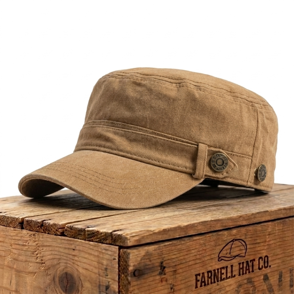 Strap-Detail Cotton Army Cap on Farnell Hat Co. crate