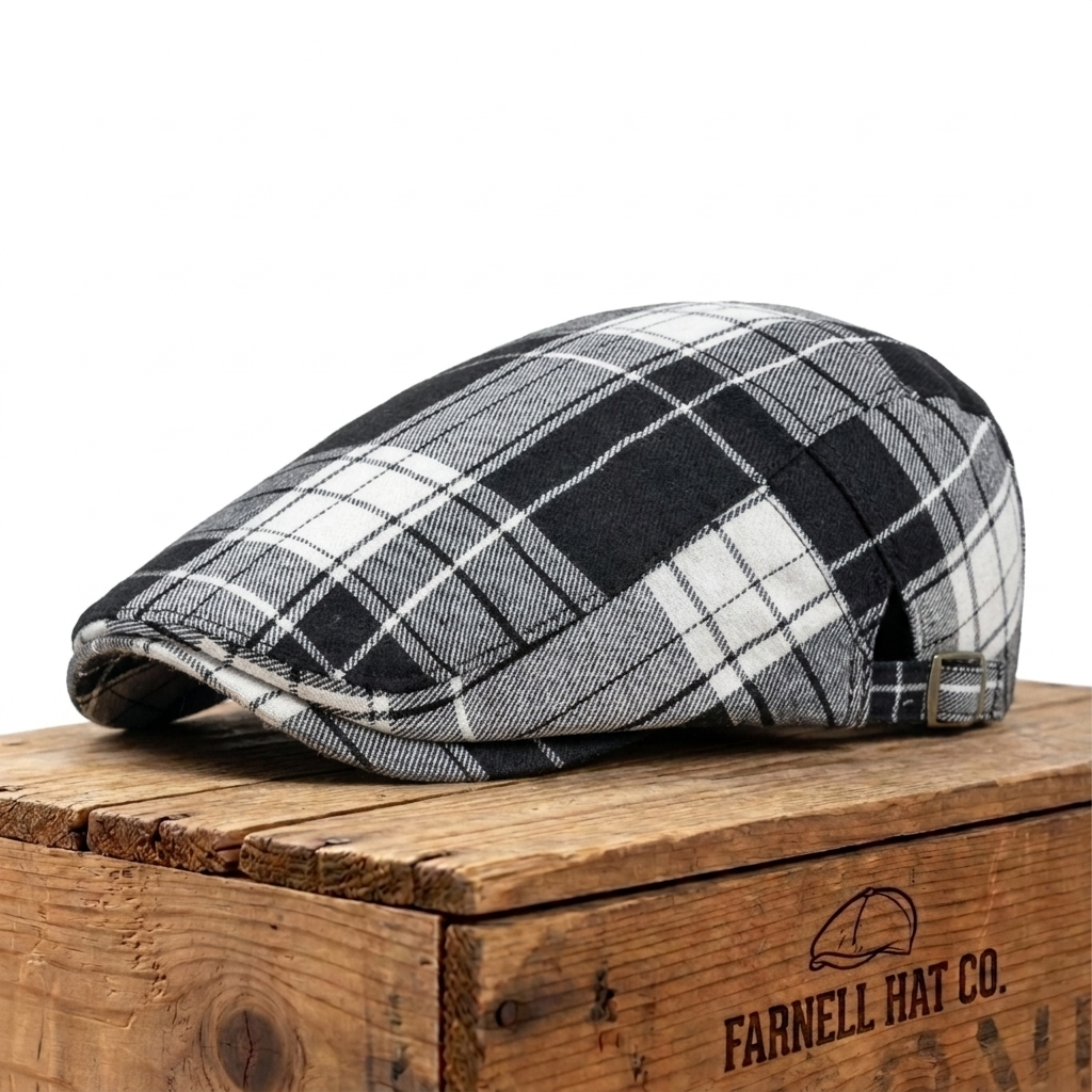 Plaid Check Flat Cap on Farnell Hat Co. crate