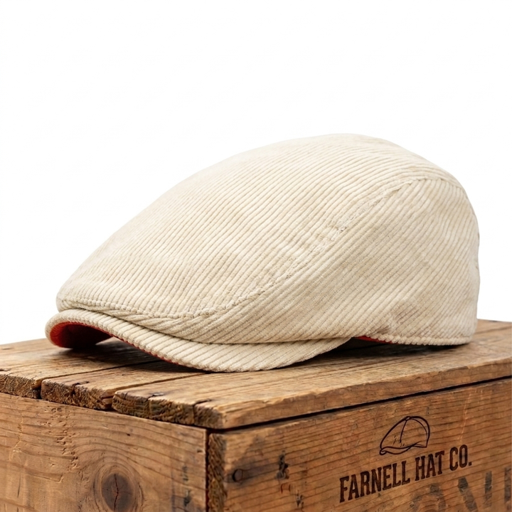 Corduroy Velvet Flat Cap on Farnell Hat Co. crate