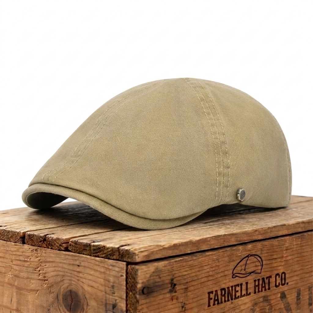 Six-Panel Cotton Flat Cap on Farnell Hat Co. crate
