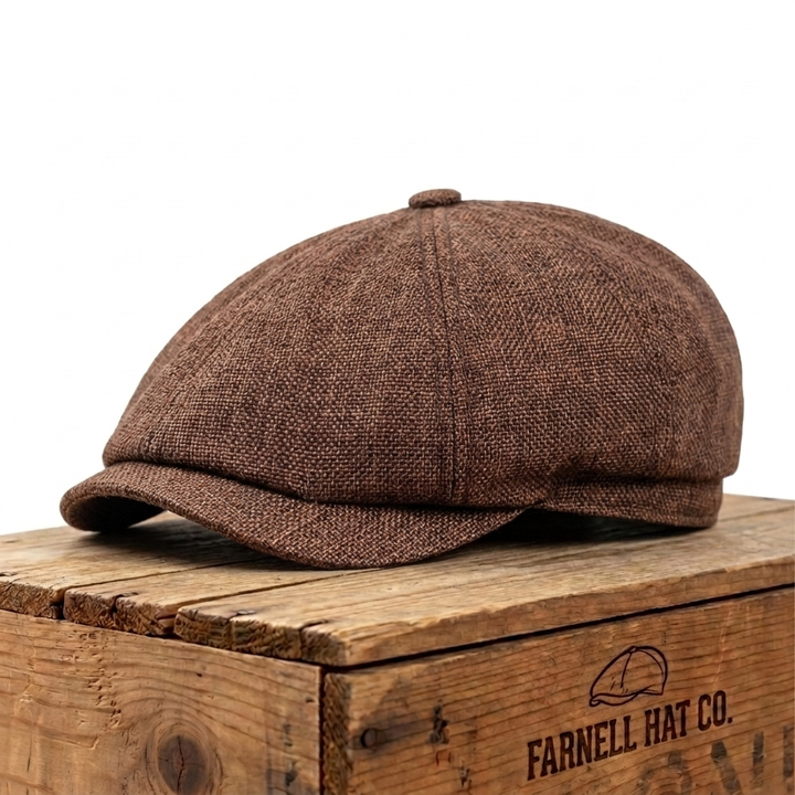 Cotton Eight-Panel Newsboy Cap on Farnell Hat Co. crate