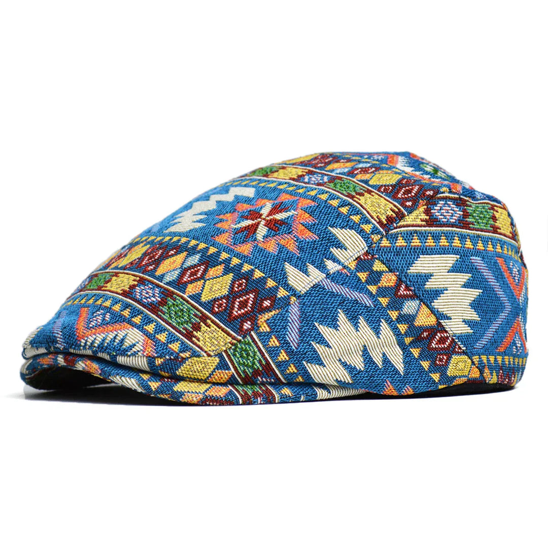 Woven Fabric Geometric Flat Cap in Blue | Farnell Hat Co.