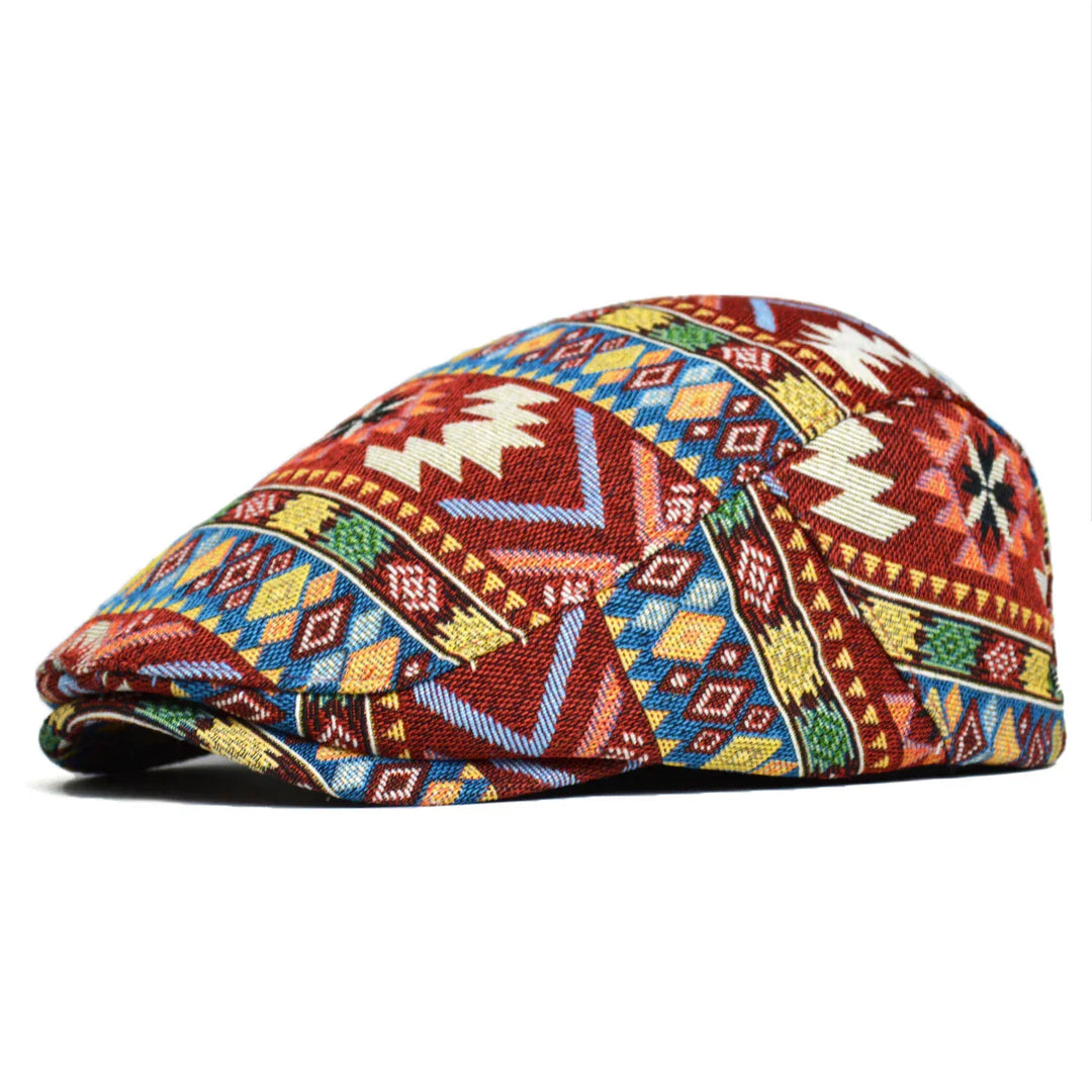 Woven Fabric Geometric Flat Cap in Red | Farnell Hat Co.