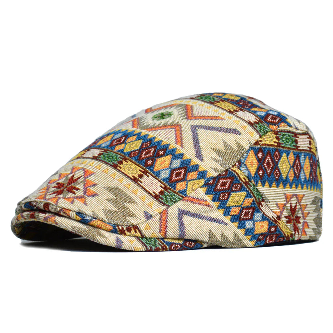 Woven Fabric Geometric Flat Cap in Khaki | Farnell Hat Co.