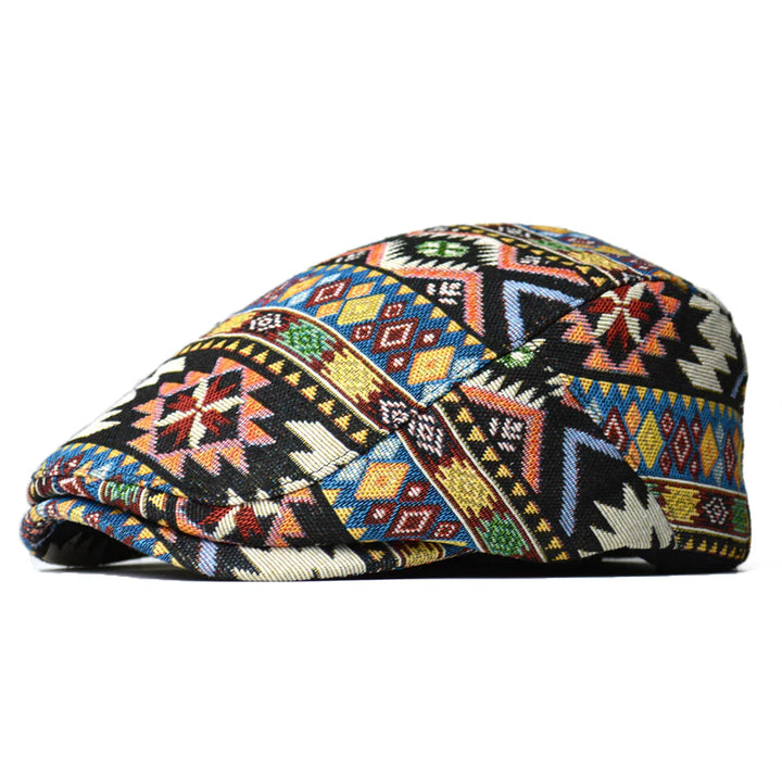 Woven Fabric Geometric Flat Cap in Black | Farnell Hat Co.