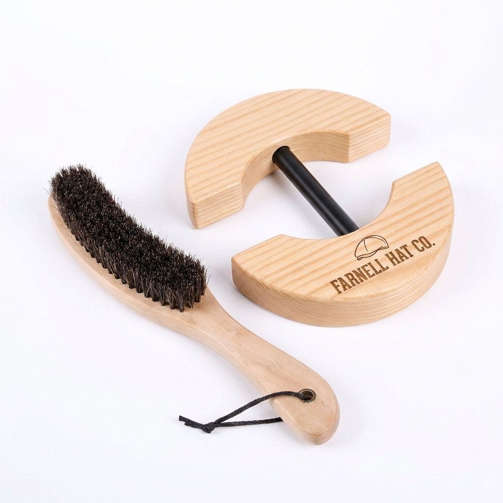 Farnell Hat Co. Hat Care Kit — horsehair cap brush and wooden cap shaper on a white background