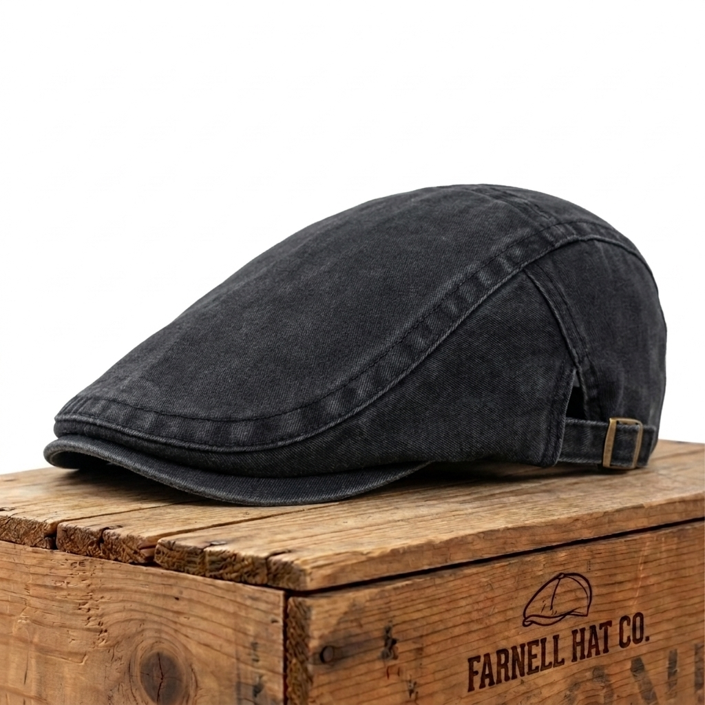 Vintage Washed Cap in Coal Black on Farnell Hat Co. crate